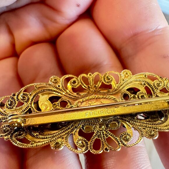Vintage Jewelry Freirich Gold Filigree Blue Rhinestone Victorian Brooch French - Picture 5 of 5
